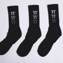 11 Degrees 3 Pack Triple Logo Socks – Black/Black/Black