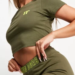 11 Degrees Back Print Cropped Slim Fit Short Sleeve T-Shirt – Khaki