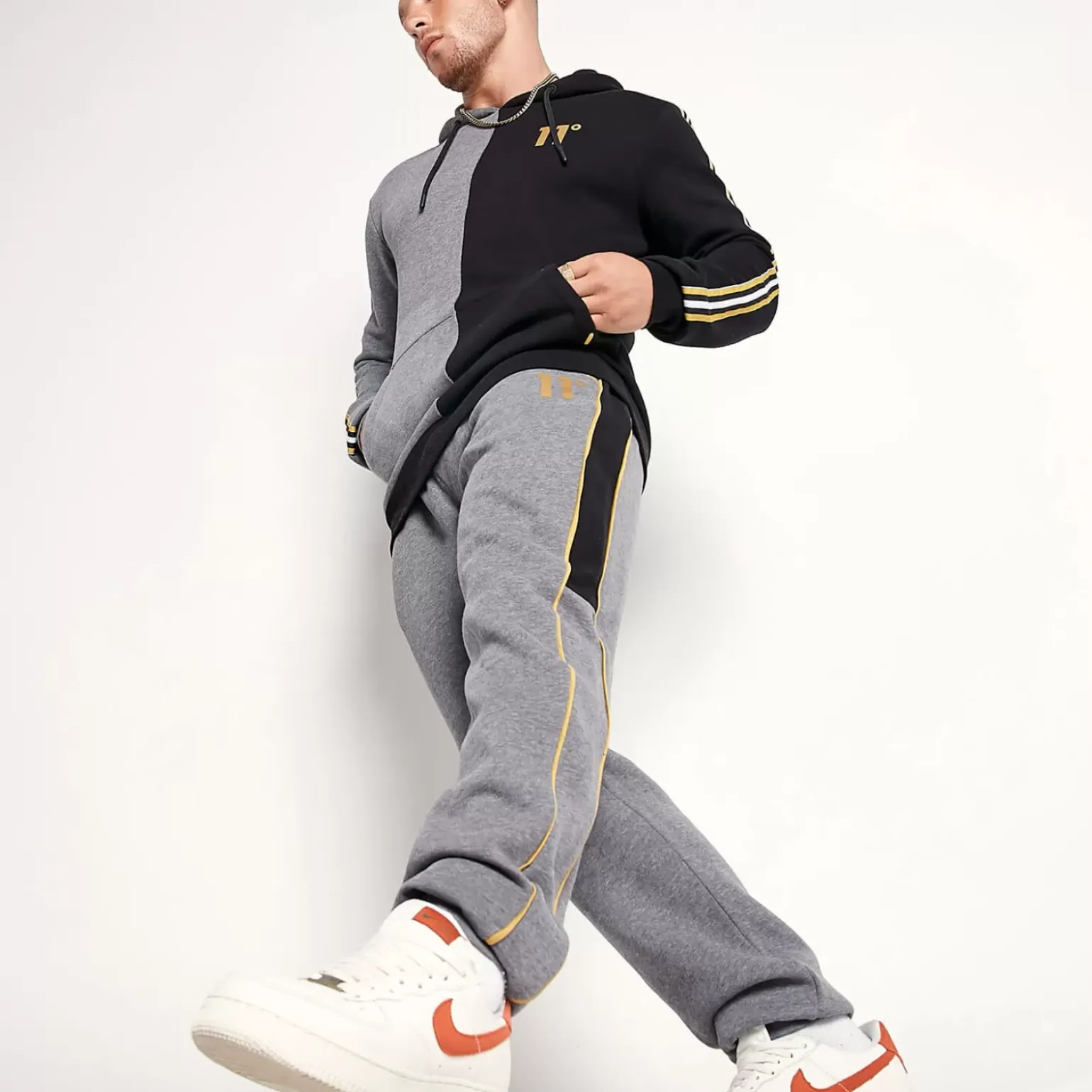 11 Degrees Colour Block Joggers Regular Fit – Charcoal Marl / Black / Gold