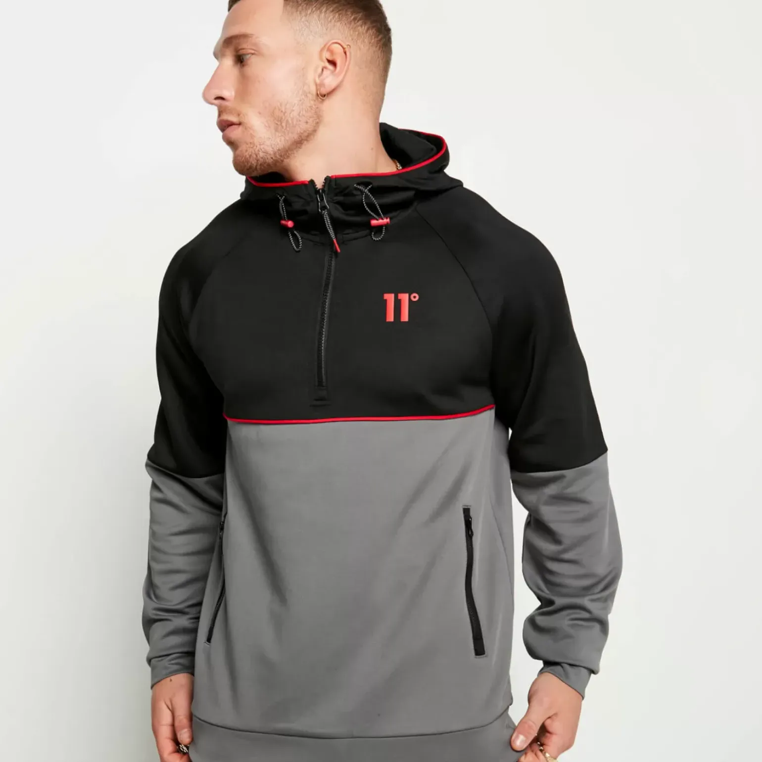 11 Degrees Cut And Sew Piped Quarter Zip Track Top With Hood – Black/Charcoal/Ski Patrol Red