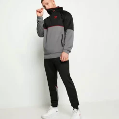 11 Degrees Cut And Sew Piped Quarter Zip Track Top With Hood – Black/Charcoal/Ski Patrol Red