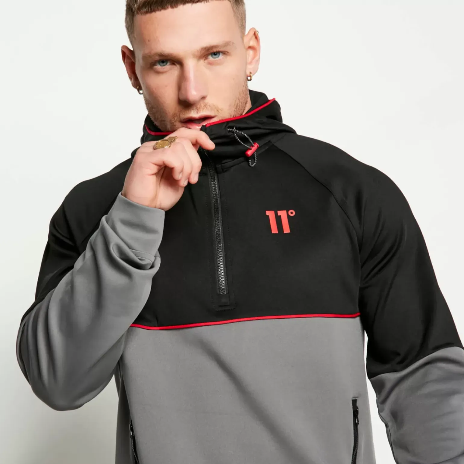 11 Degrees Cut And Sew Piped Quarter Zip Track Top With Hood – Black/Charcoal/Ski Patrol Red