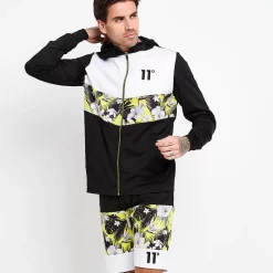 11 Degrees Floral Chevron Cut And Sew Full Zip Poly Track Top With Hood – Black / White / Yellow