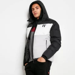 11 Degrees Large Panelled Colour Block Puffer Jacket – Black/White/Vapour Grey