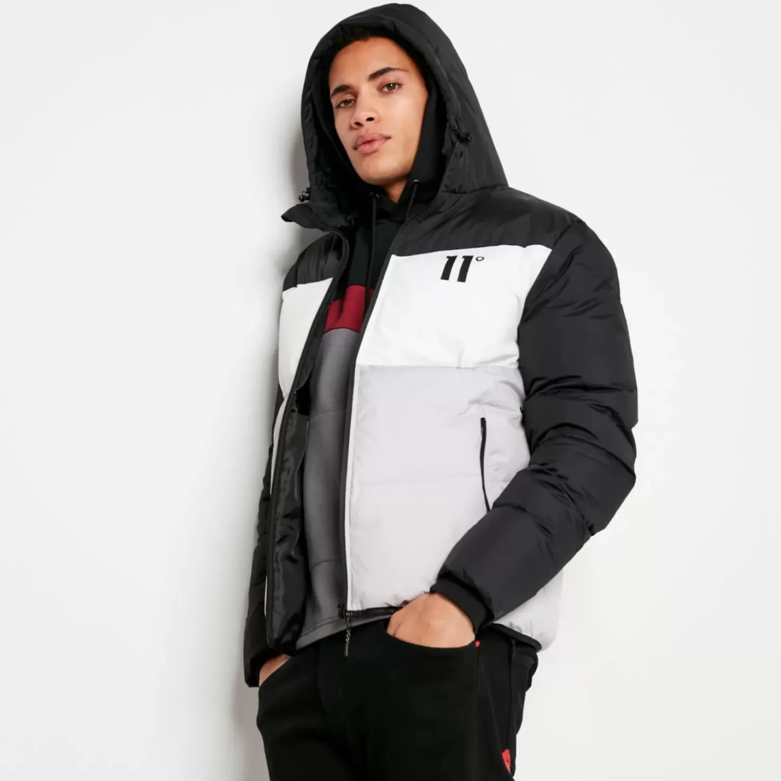 11 Degrees Large Panelled Colour Block Puffer Jacket – Black/White/Vapour Grey