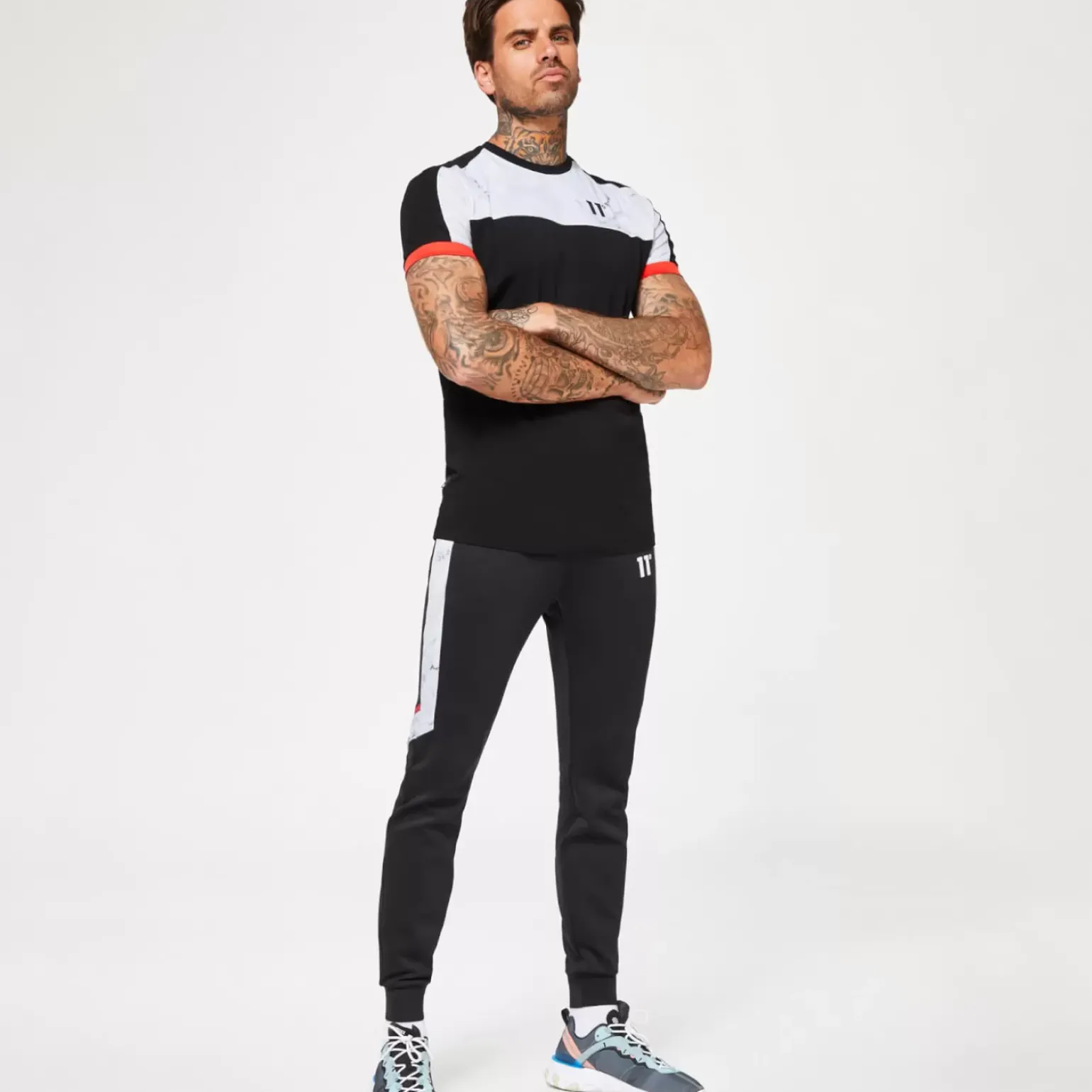 11 Degrees Marble Print Cut & Sew Track Pants – White / Black / Ski Patrol Red