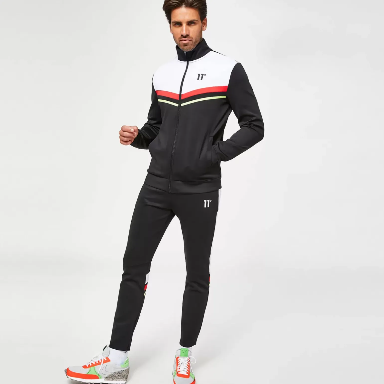 11 Degrees Men'S Colour Block Mesh Insert Track Top - Black/White/Raspberry Red/Sharp Green