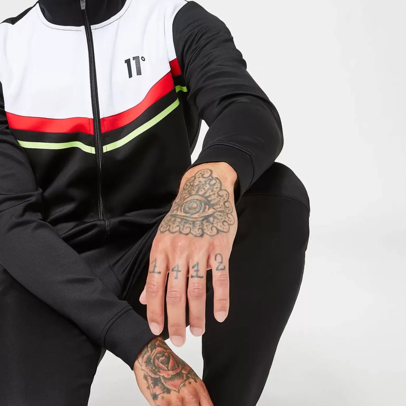 11 Degrees Men'S Colour Block Mesh Insert Track Top - Black/White/Raspberry Red/Sharp Green