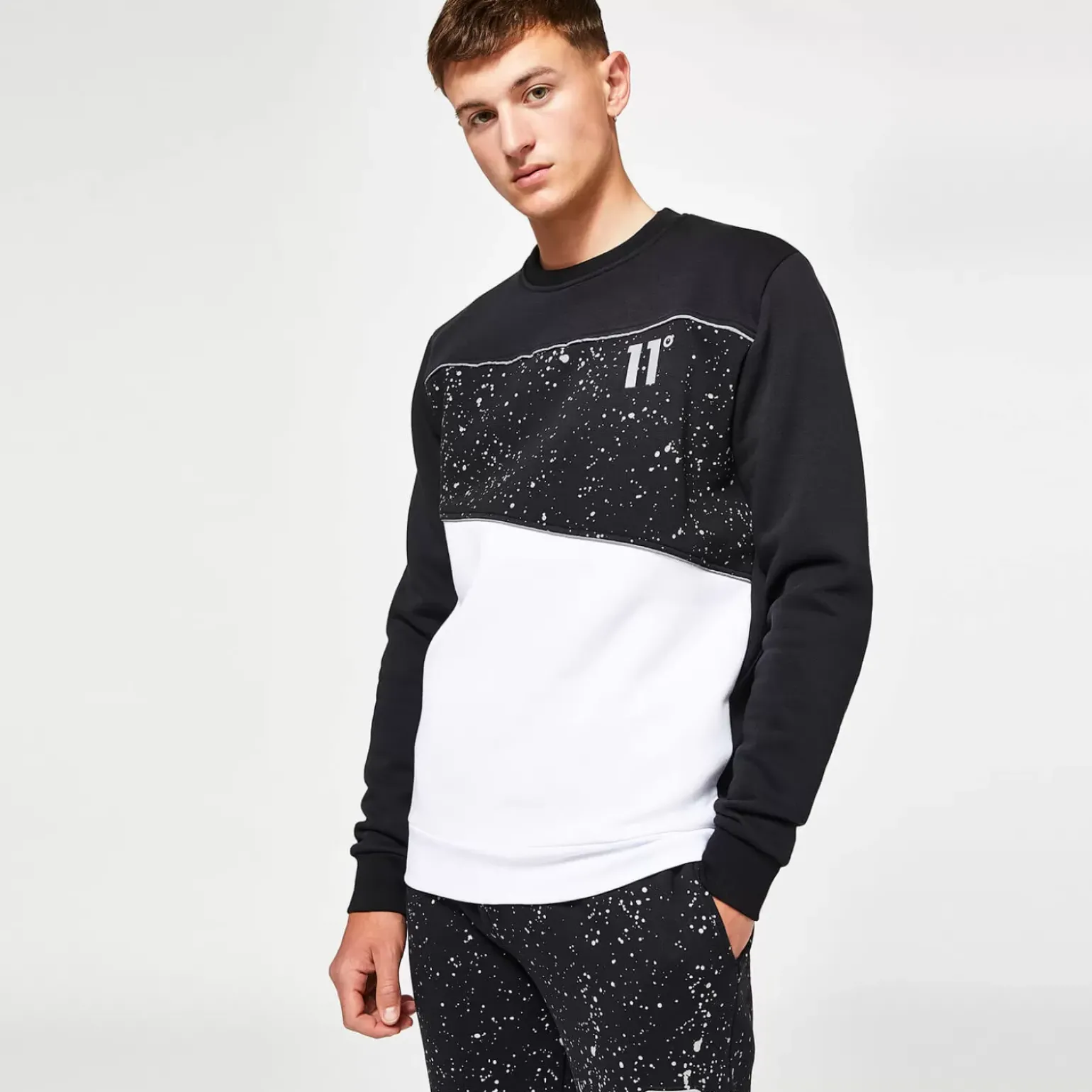 11 Degrees Men'S Splatter Print Piped Cut & Sew Sweatshirt - White/Black/Reflective
