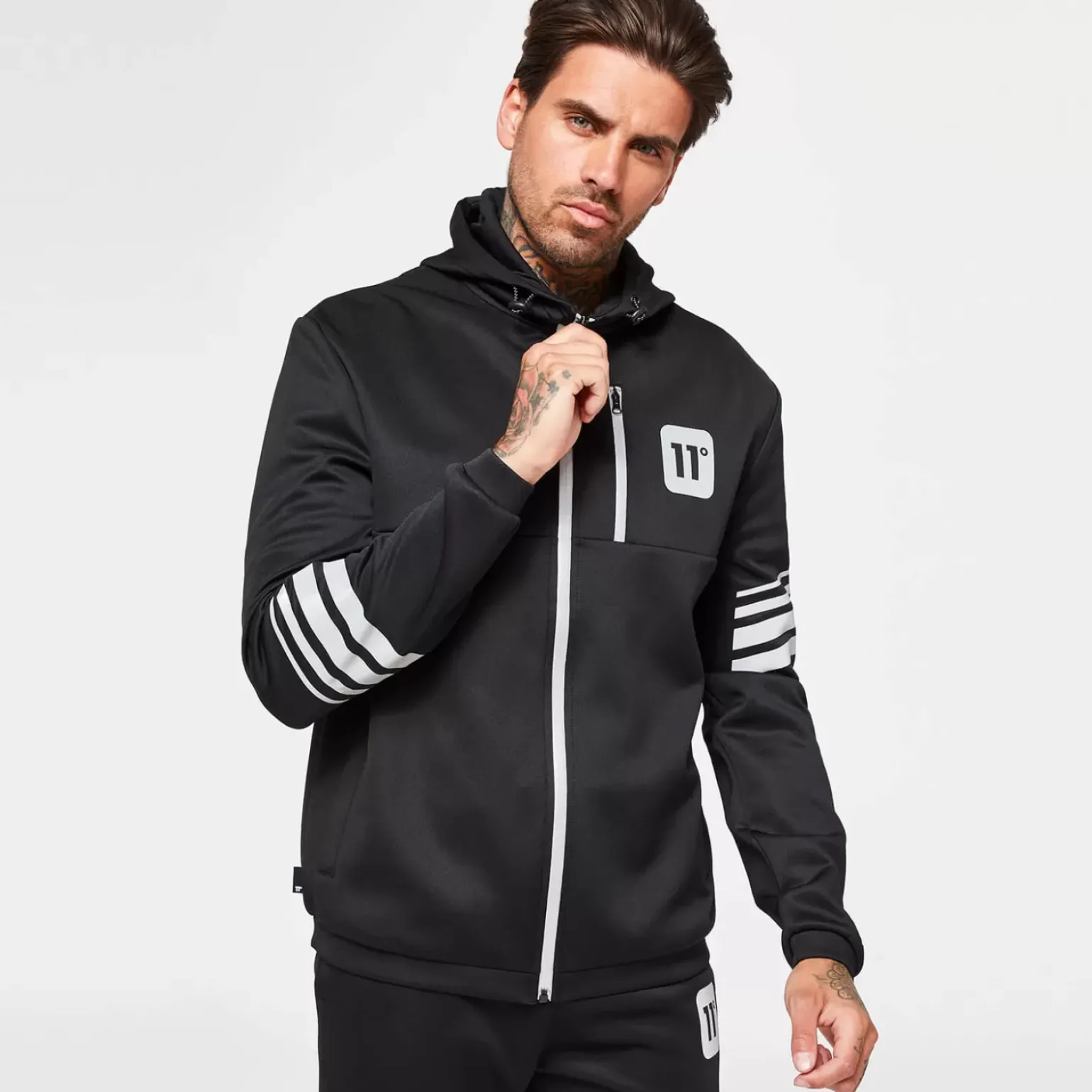11 Degrees Men'S Stripe Print Track Top With Hood - Black/Silver Reflective