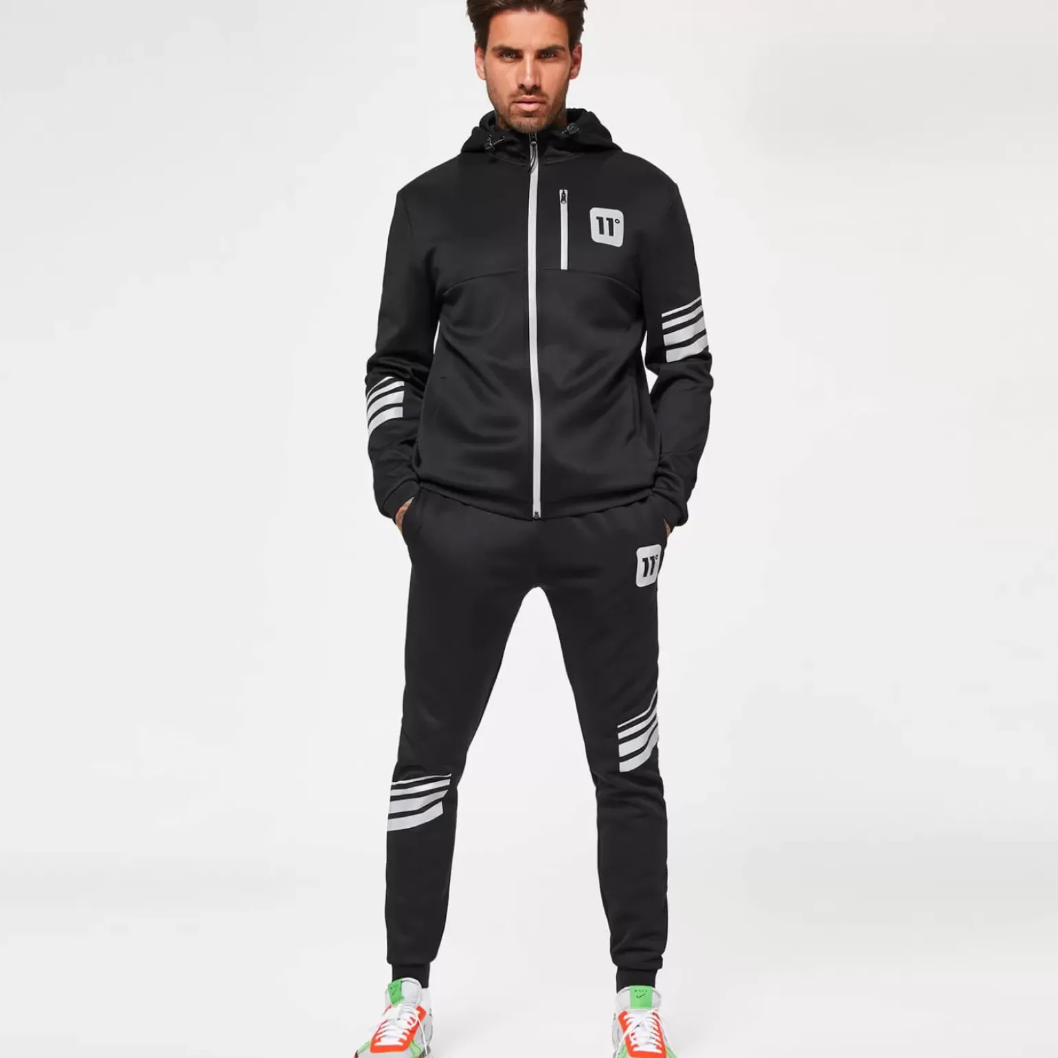 11 Degrees Men'S Stripe Print Track Top With Hood - Black/Silver Reflective