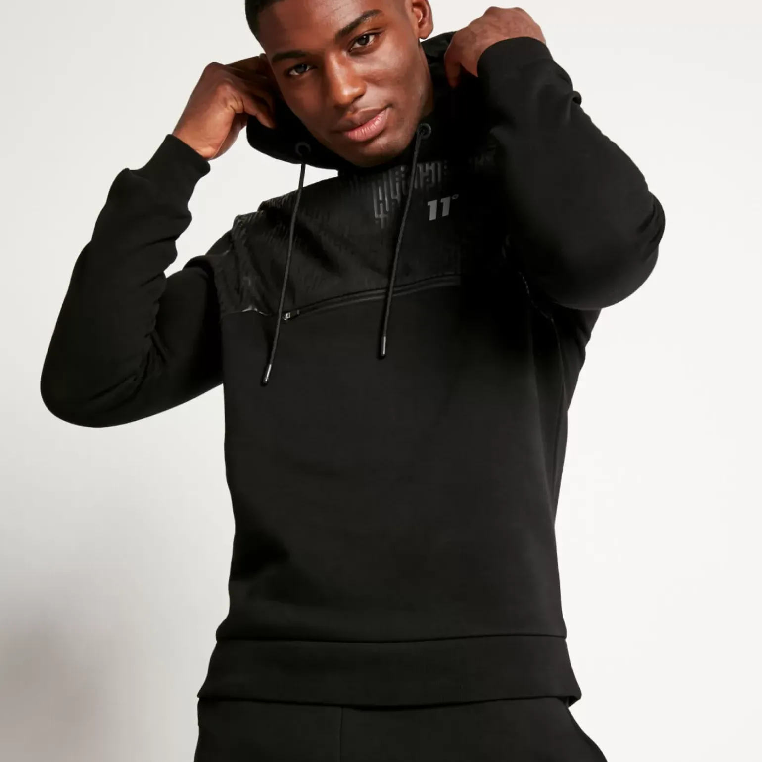 11 Degrees Mixed Fabric Pullover Hoodie – Black