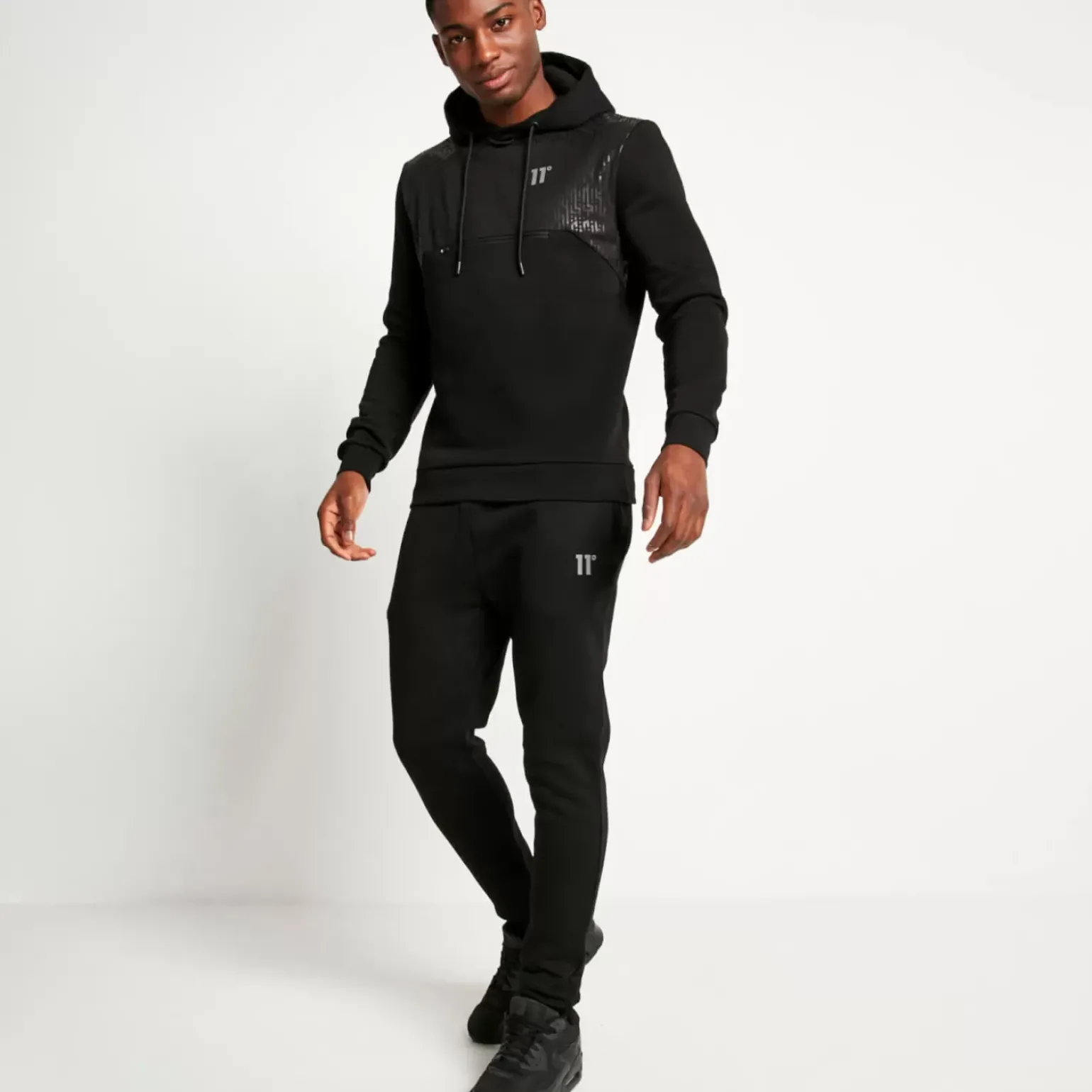 11 Degrees Mixed Fabric Pullover Hoodie – Black