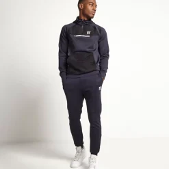 11 Degrees Mixed Fabric Quarter Zip Track Top With Hood – Navy/Black