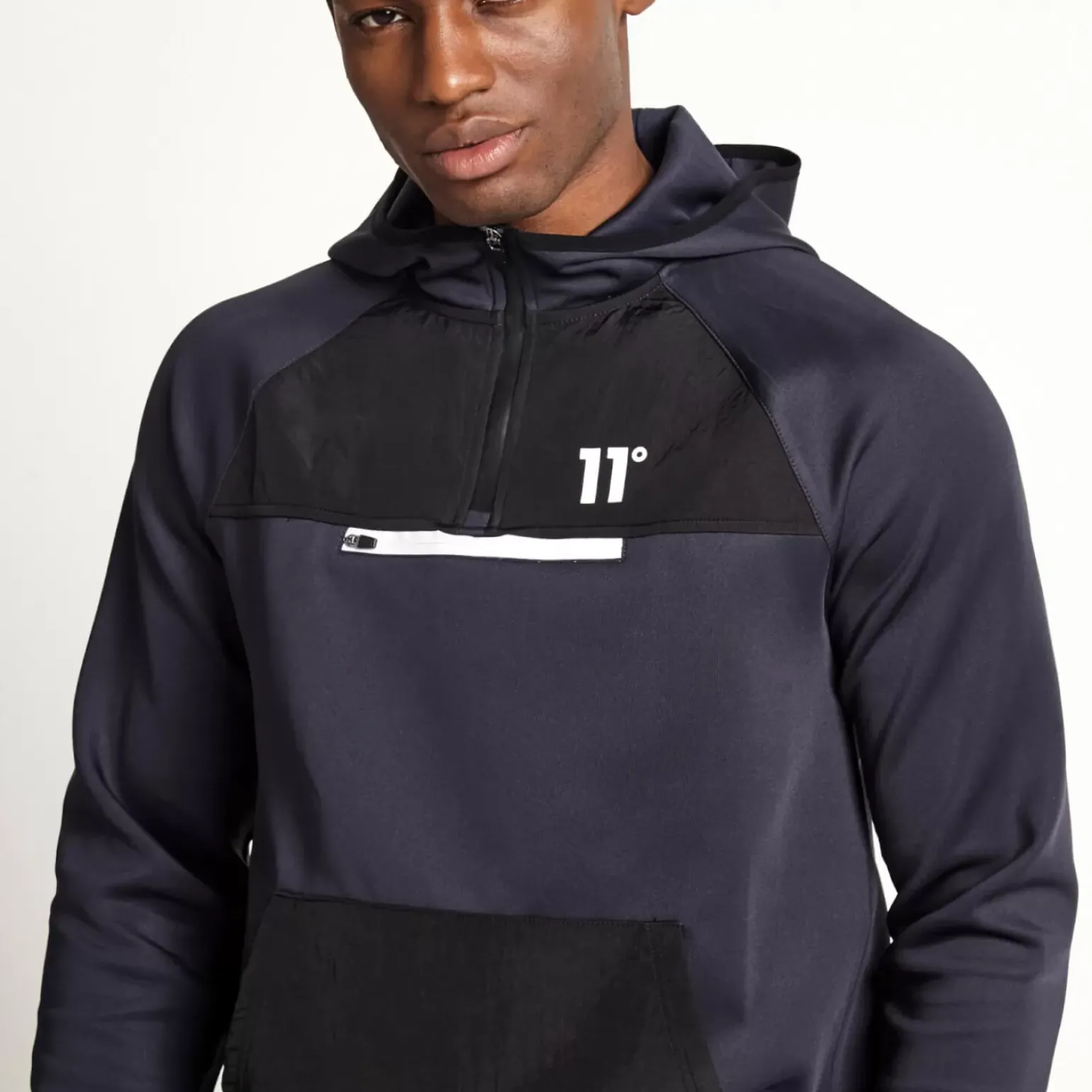 11 Degrees Mixed Fabric Quarter Zip Track Top With Hood – Navy/Black