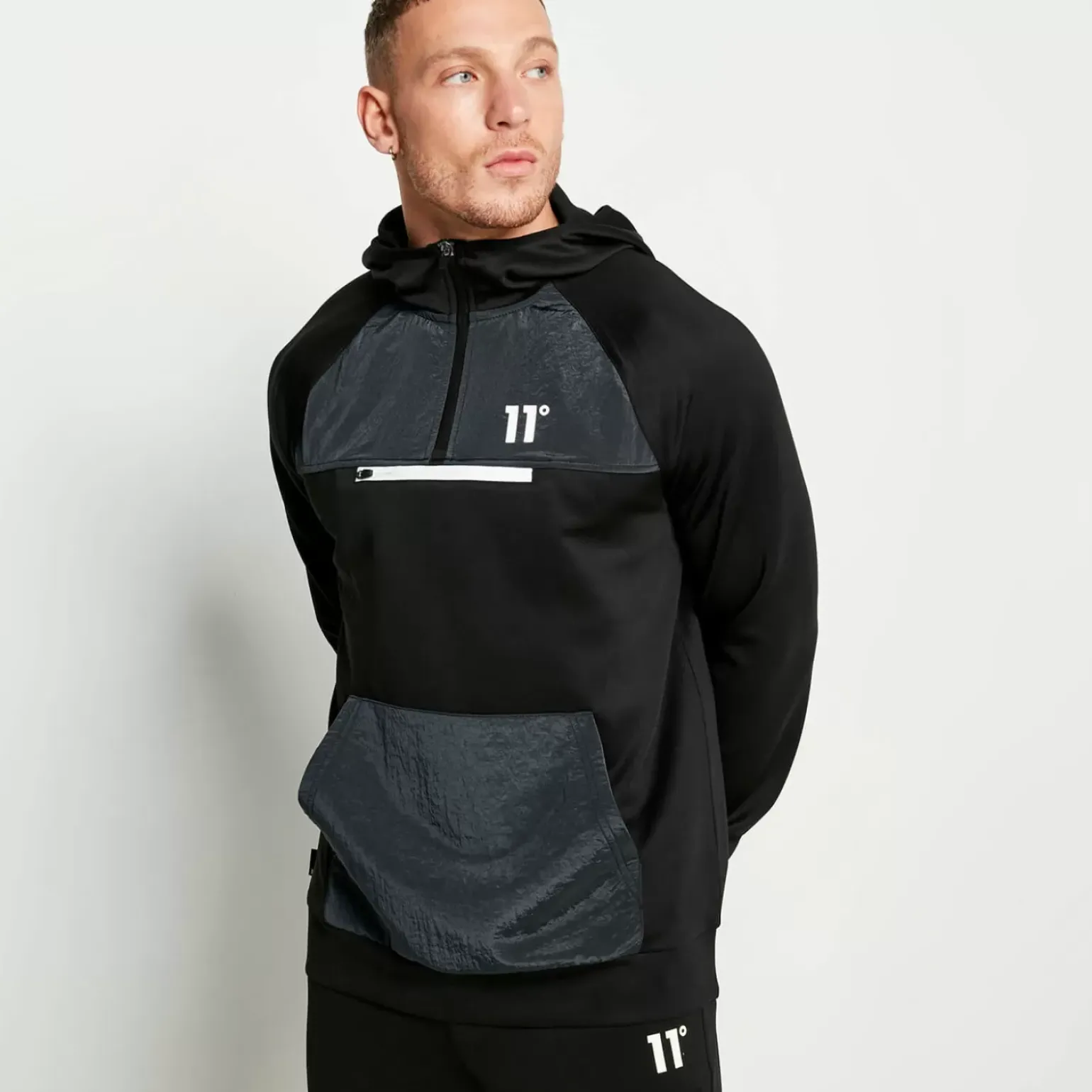 11 Degrees Mixed Fabric Quarter Zip Track Top With Hood – Black/Charcoal