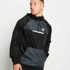 11 Degrees Mixed Fabric Quarter Zip Track Top With Hood – Black/Charcoal