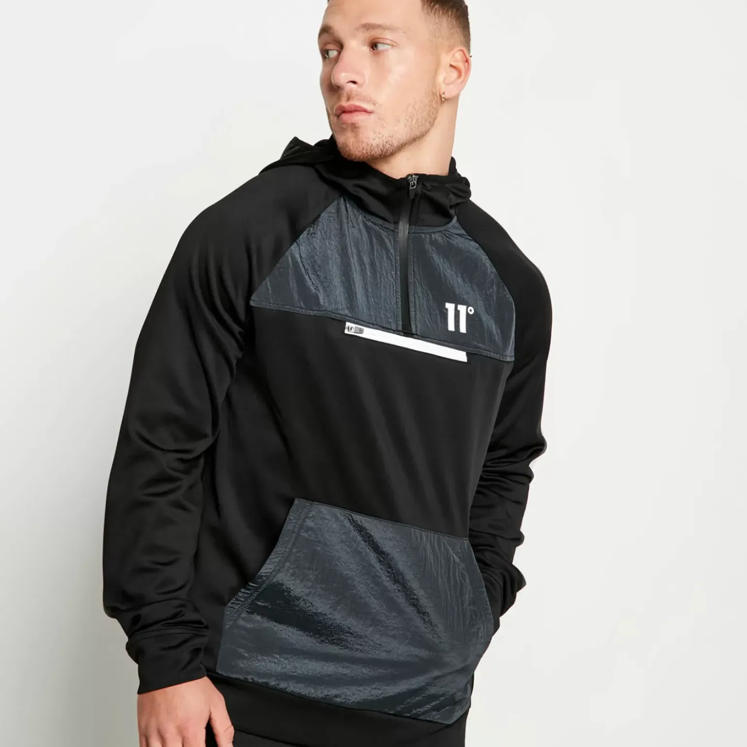 11 Degrees Mixed Fabric Quarter Zip Track Top With Hood – Black/Charcoal