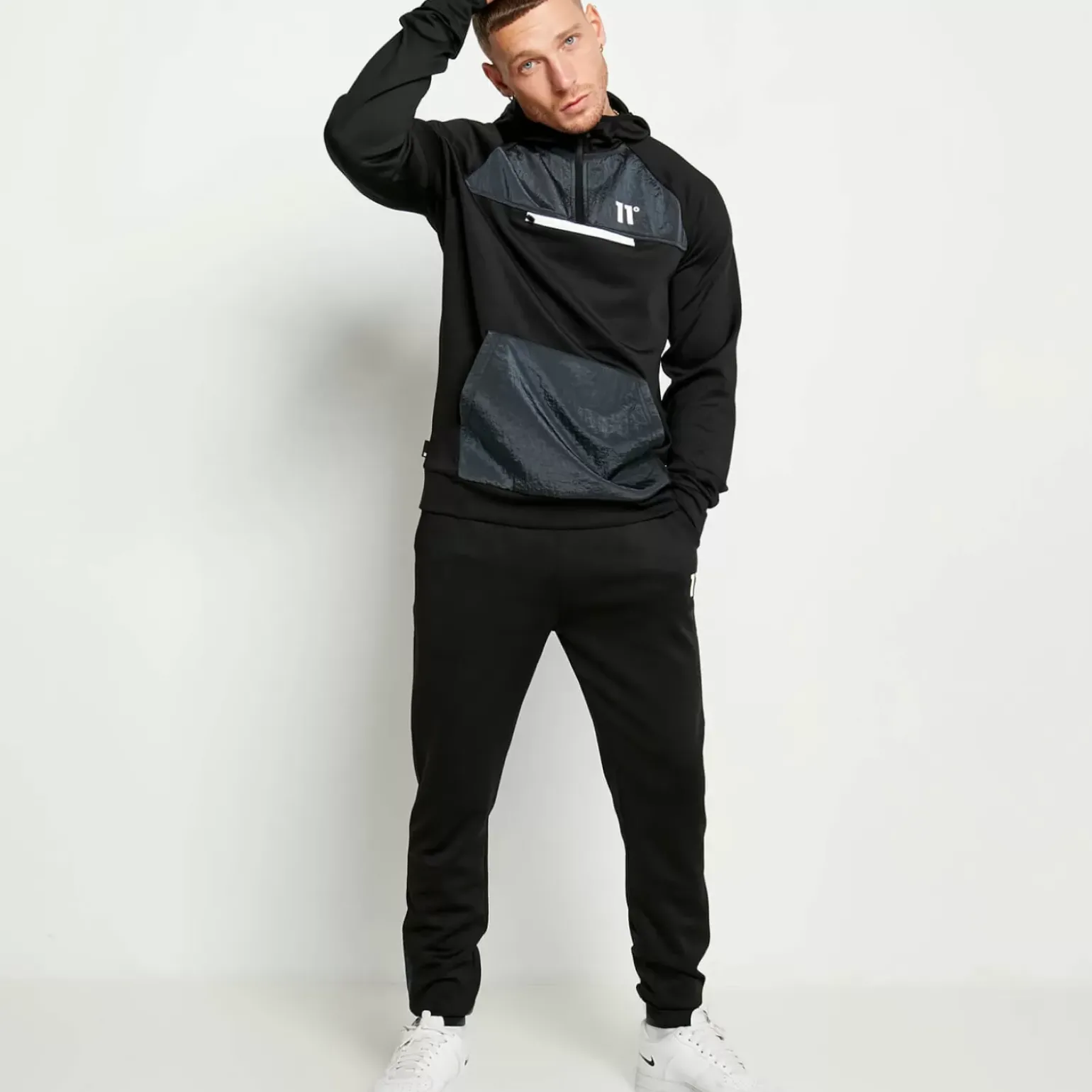 11 Degrees Mixed Fabric Quarter Zip Track Top With Hood – Black/Charcoal