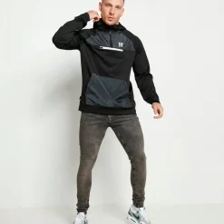 11 Degrees Mixed Fabric Quarter Zip Track Top With Hood – Black/Charcoal