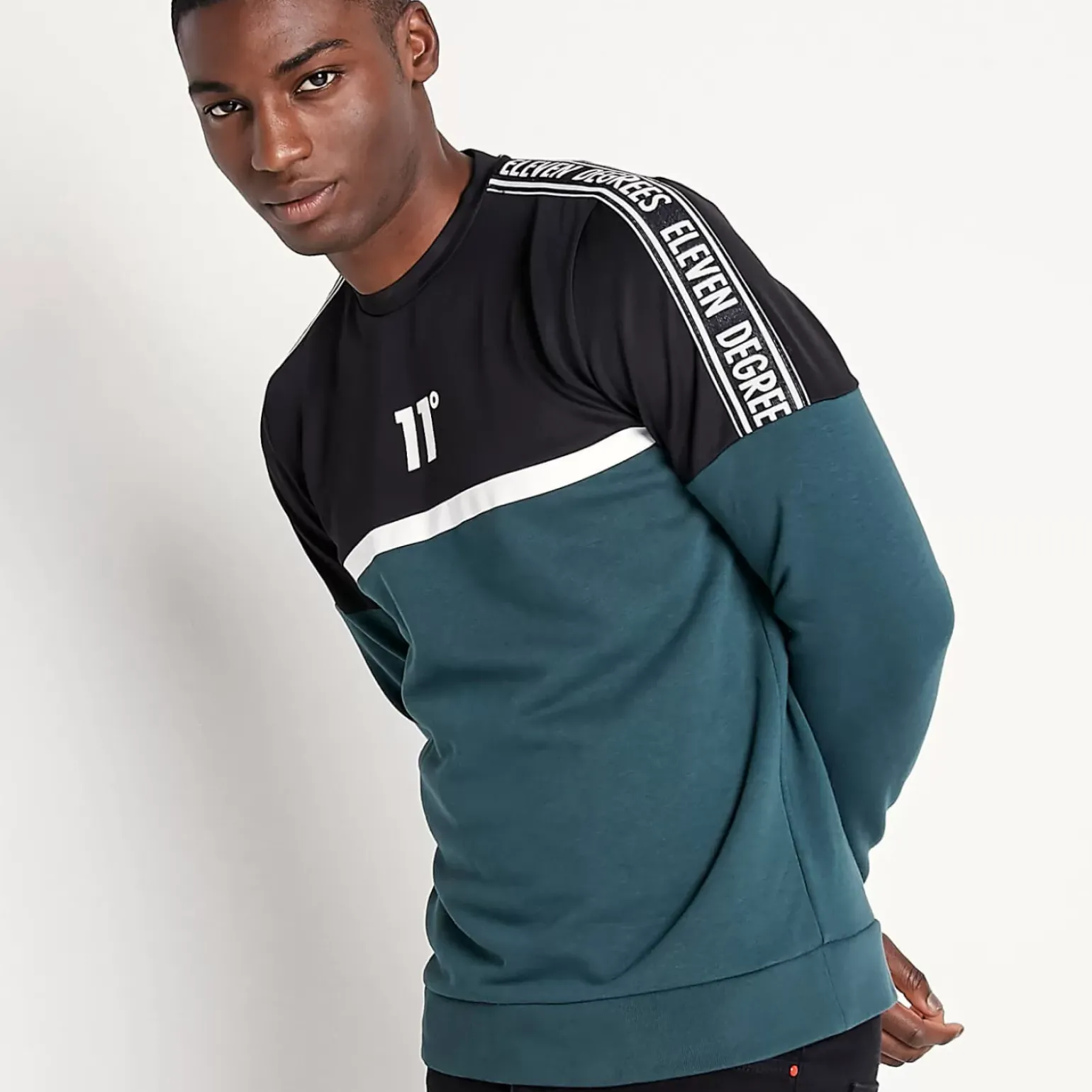 11 Degrees Mixed Fabric Taped Sweatshirt – Darkest Spruce Green / Black / White
