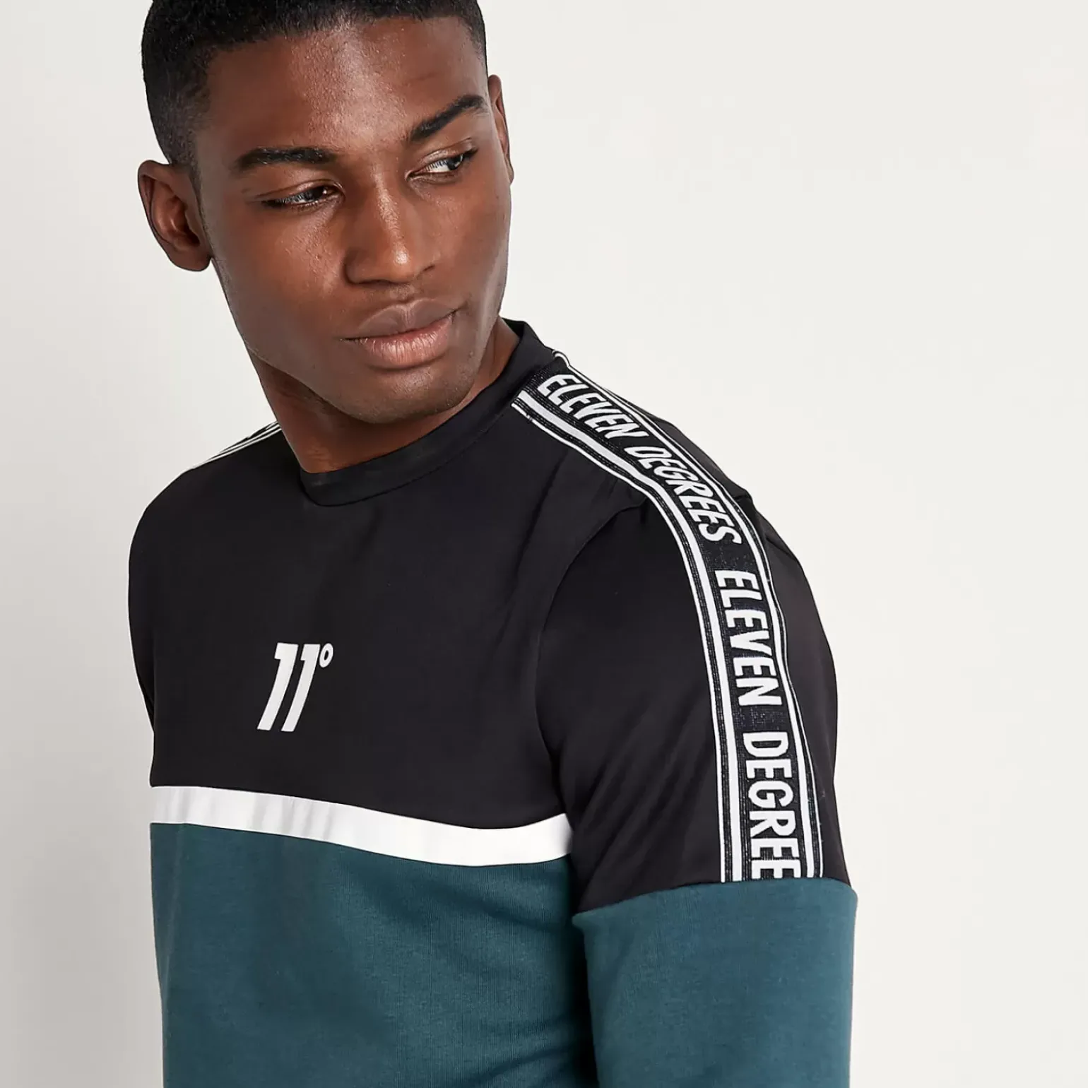 11 Degrees Mixed Fabric Taped Sweatshirt – Darkest Spruce Green / Black / White