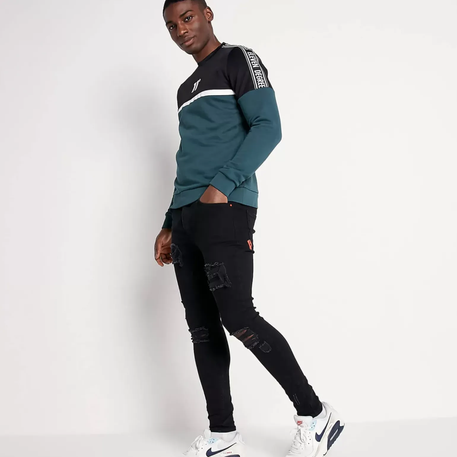 11 Degrees Mixed Fabric Taped Sweatshirt – Darkest Spruce Green / Black / White