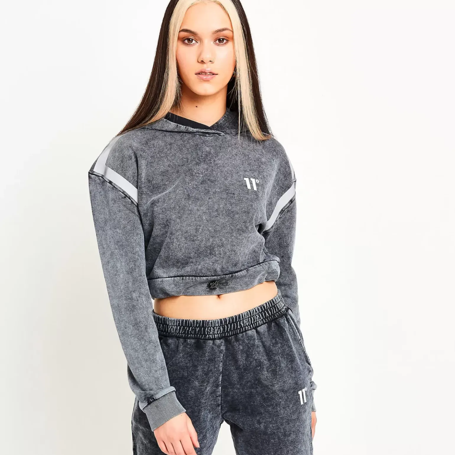 11 Degrees Womens Acid Wash Cropped Reflective Pullover Hoodie – Black