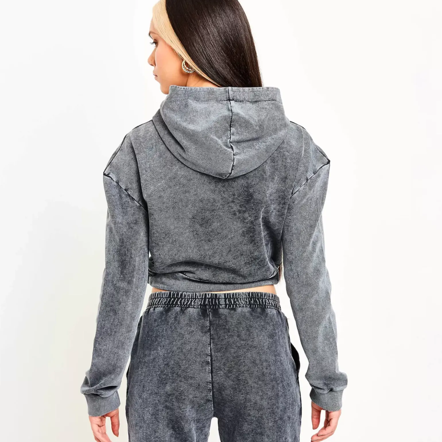 11 Degrees Womens Acid Wash Cropped Reflective Pullover Hoodie – Black