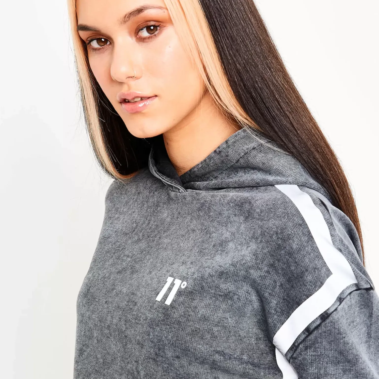11 Degrees Womens Acid Wash Cropped Reflective Pullover Hoodie – Black