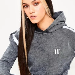 11 Degrees Womens Acid Wash Cropped Reflective Pullover Hoodie – Black