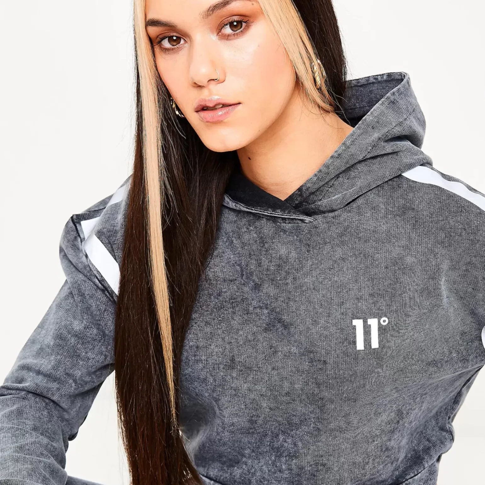 11 Degrees Womens Acid Wash Cropped Reflective Pullover Hoodie – Black