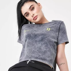 11 Degrees Womens Ben Nicky Acid Wash Cropped T-Shirt – Black Acid Wash / Lime Green