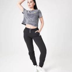 11 Degrees Womens Ben Nicky Acid Wash Cropped T-Shirt – Black Acid Wash / Lime Green