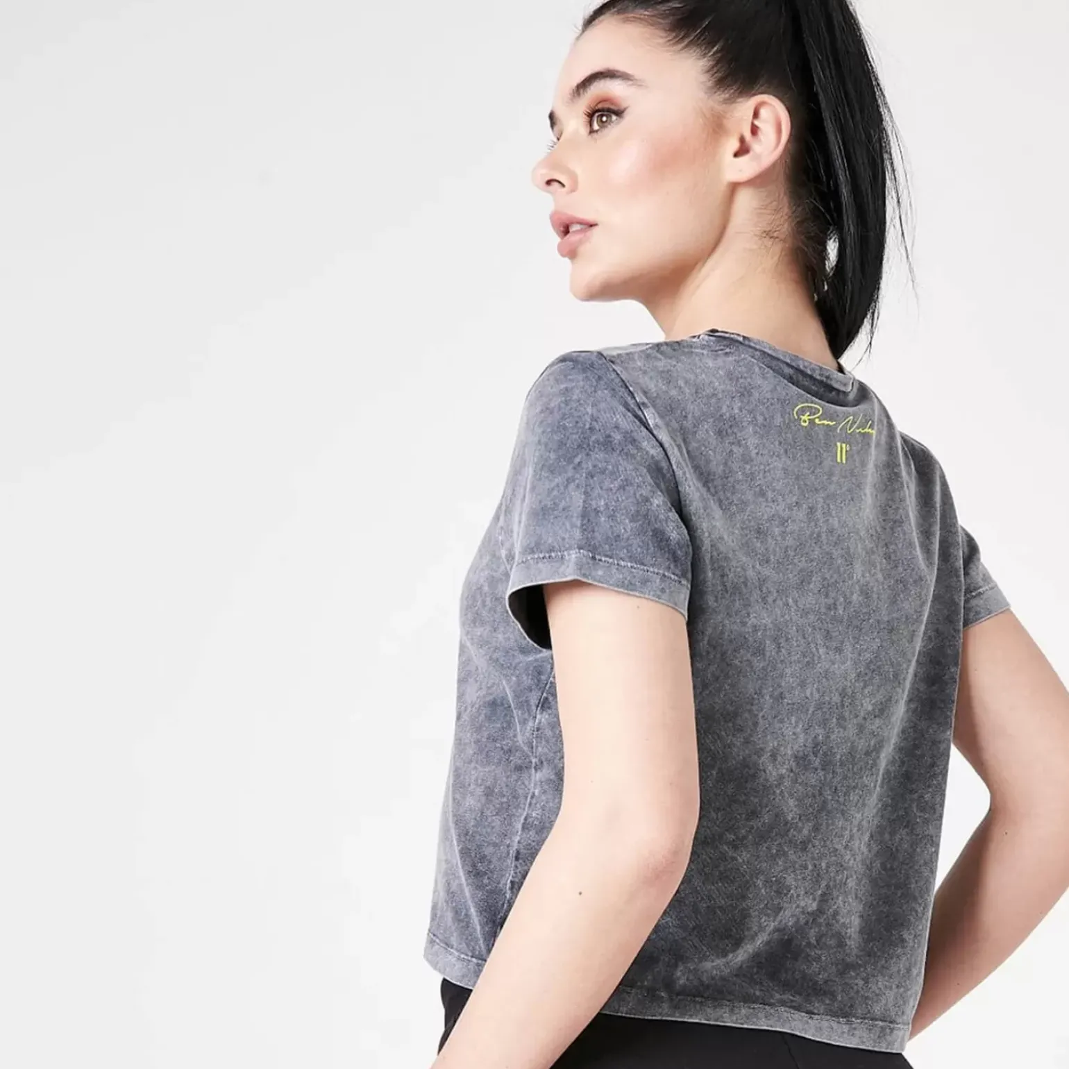 11 Degrees Womens Ben Nicky Acid Wash Cropped T-Shirt – Black Acid Wash / Lime Green