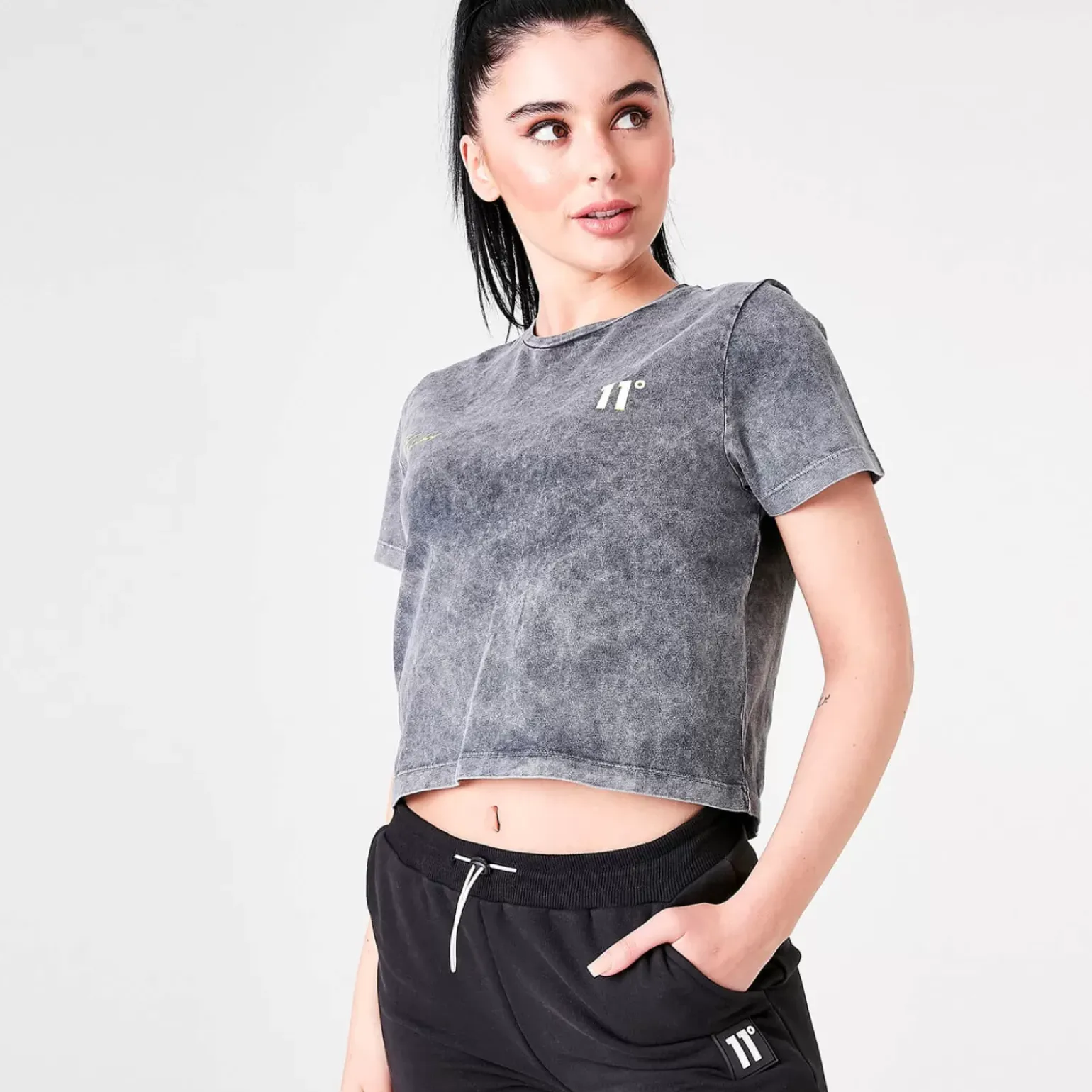 11 Degrees Womens Ben Nicky Acid Wash Cropped T-Shirt – Black Acid Wash / White