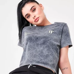 11 Degrees Womens Ben Nicky Acid Wash Cropped T-Shirt – Black Acid Wash / White