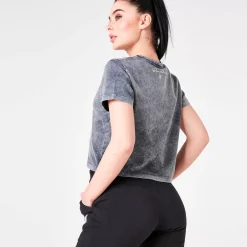 11 Degrees Womens Ben Nicky Acid Wash Cropped T-Shirt – Black Acid Wash / White