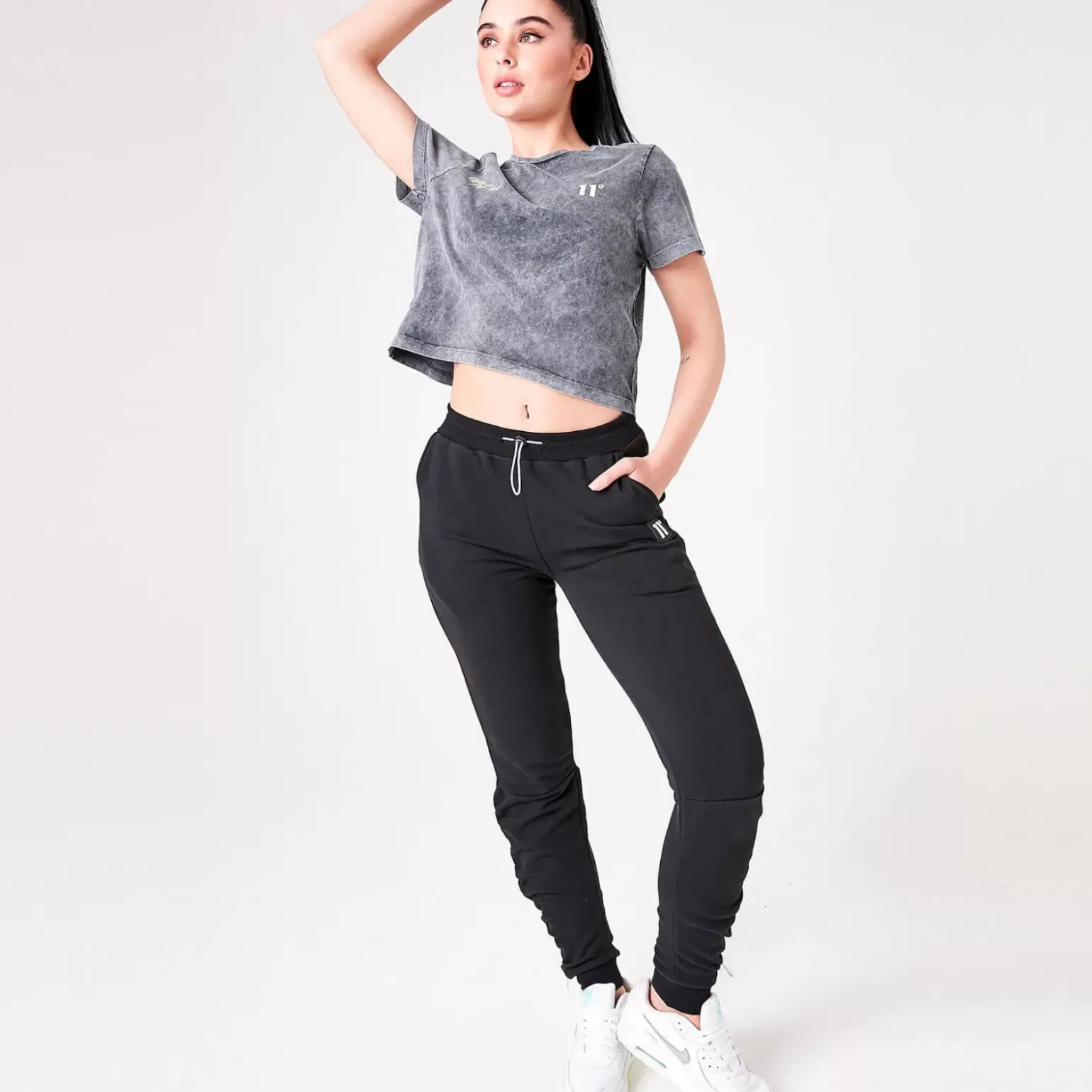 11 Degrees Womens Ben Nicky Acid Wash Cropped T-Shirt – Black Acid Wash / White