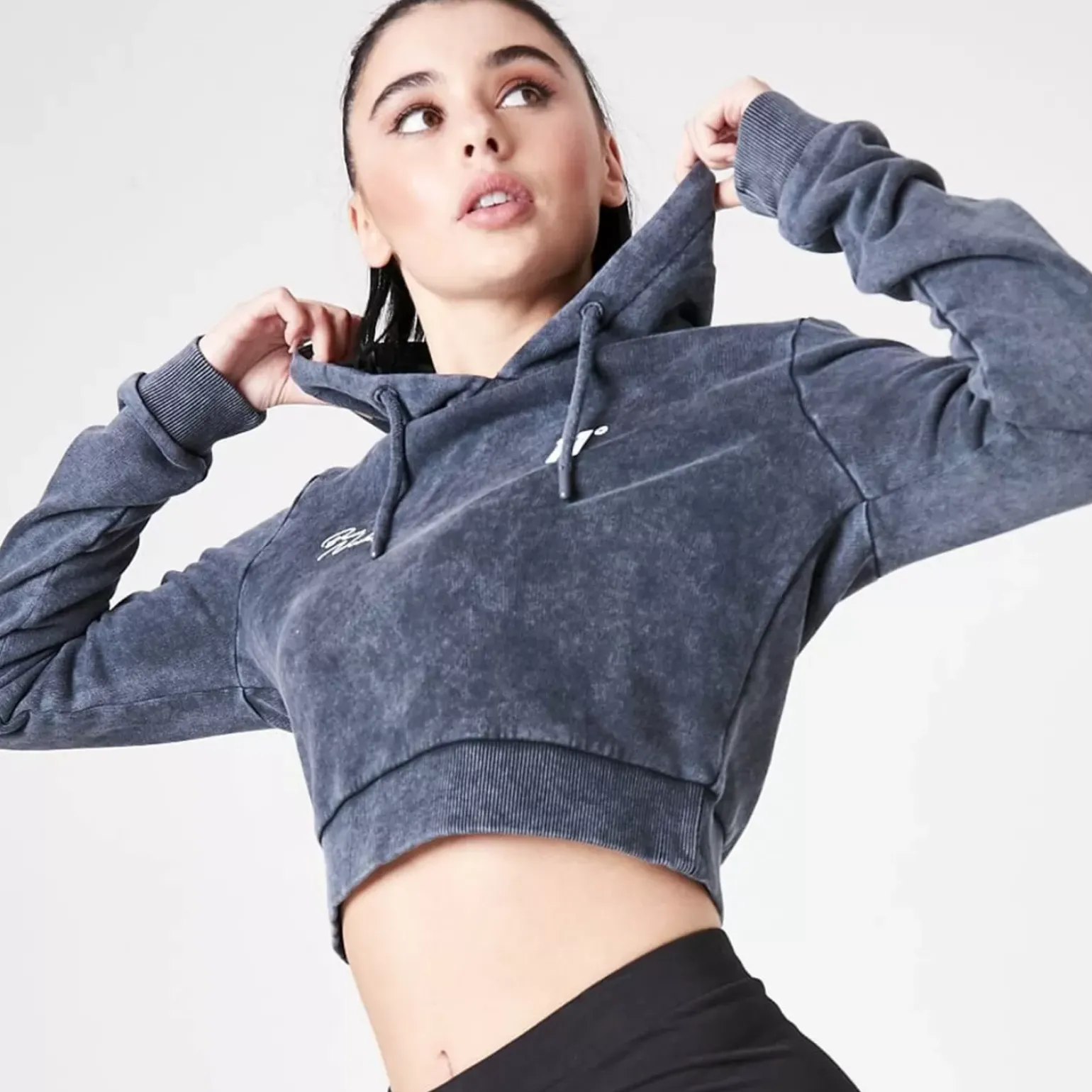 11 Degrees Womens Ben Nicky Acid Wash Cropped Hoodiehite – Black Acid Wash / W