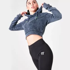 11 Degrees Womens Ben Nicky Acid Wash Cropped Hoodie – Black Acid Wash / Lime Green