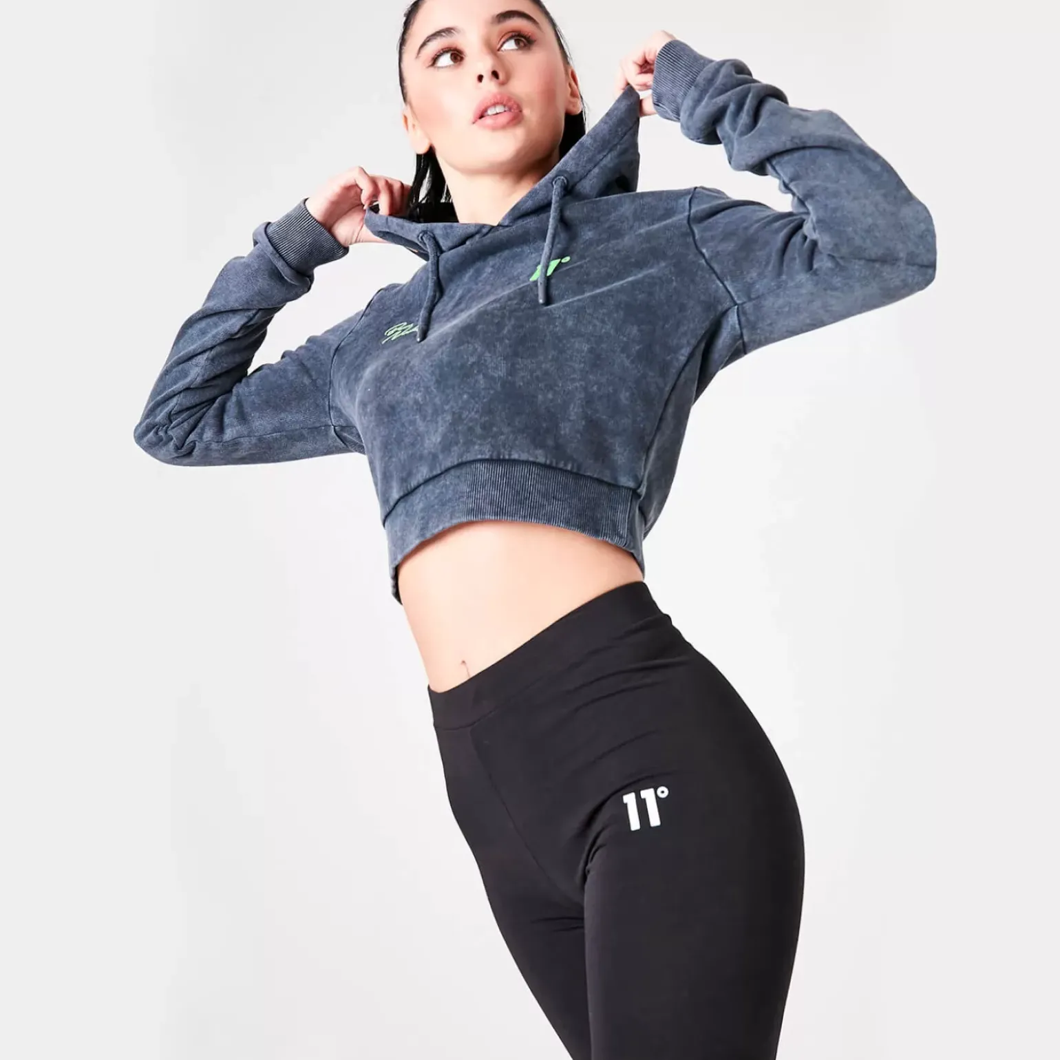 11 Degrees Womens Ben Nicky Acid Wash Cropped Hoodie – Black Acid Wash / Lime Green