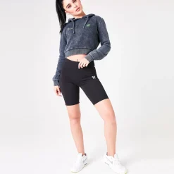 11 Degrees Womens Ben Nicky Acid Wash Cropped Hoodie – Black Acid Wash / Lime Green