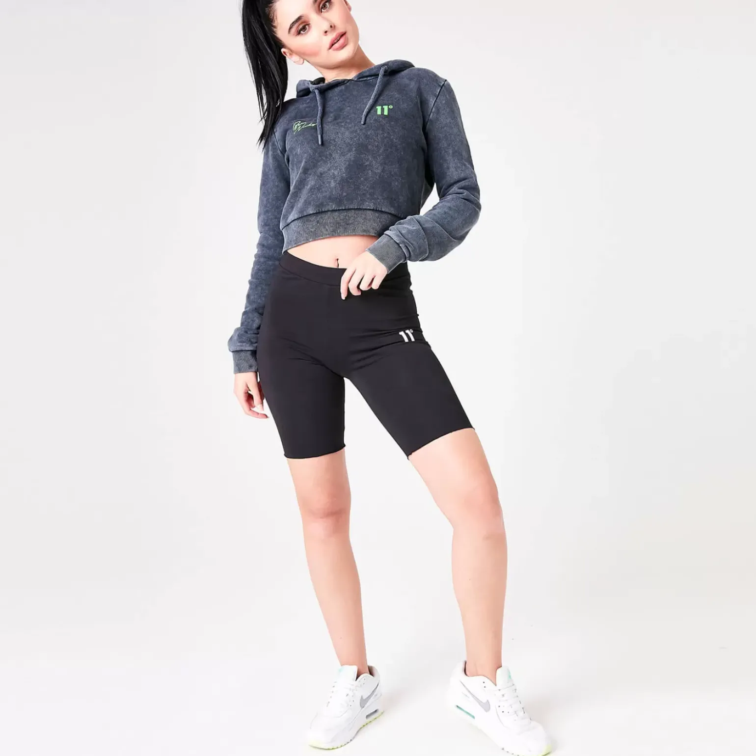 11 Degrees Womens Ben Nicky Acid Wash Cropped Hoodie – Black Acid Wash / Lime Green