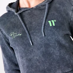 11 Degrees Womens Ben Nicky Acid Wash Cropped Hoodie – Black Acid Wash / Lime Green