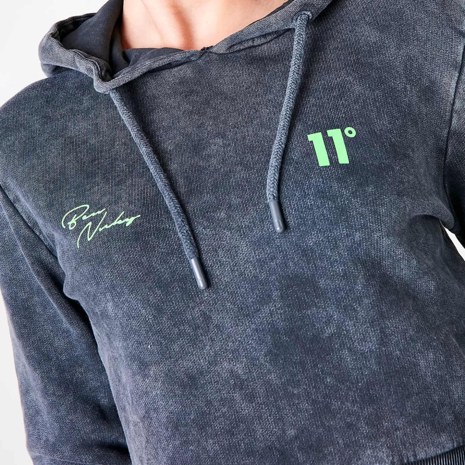 11 Degrees Womens Ben Nicky Acid Wash Cropped Hoodie – Black Acid Wash / Lime Green