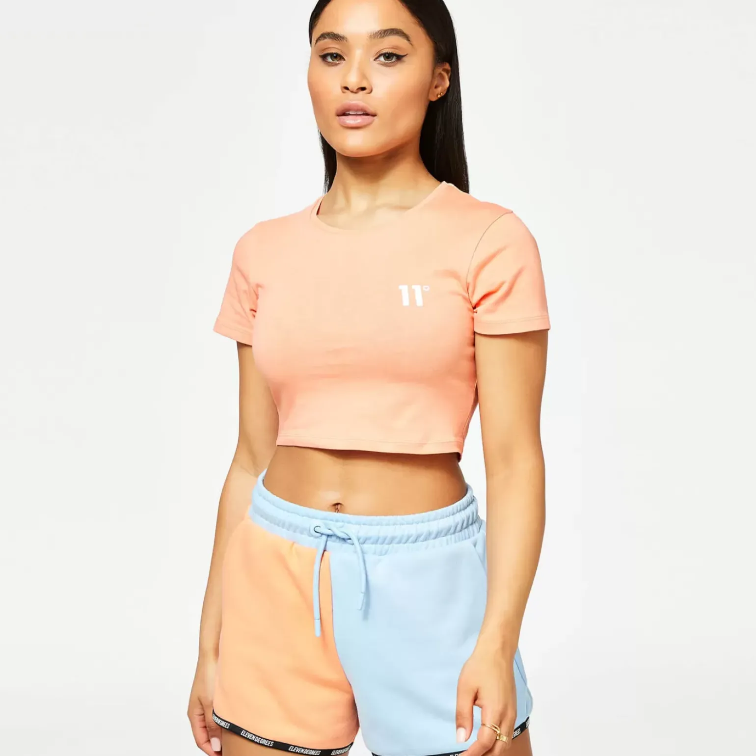 11 Degrees Womens Core Cropped Slim Fit Short Sleeve T-Shirt – Coral