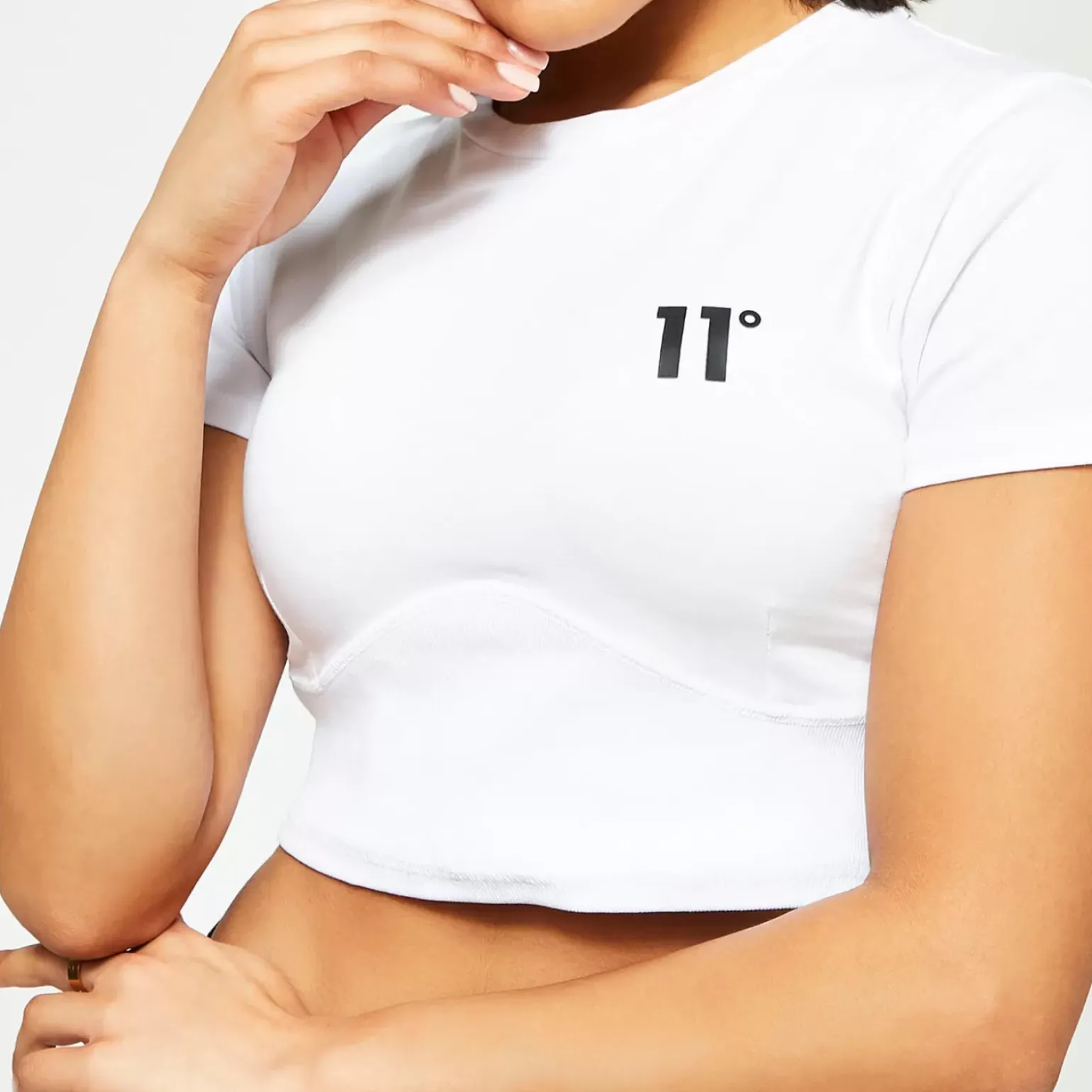 11 Degrees Womens Corset Cover Stitch Cropped Short Sleeve T-Shirt – White