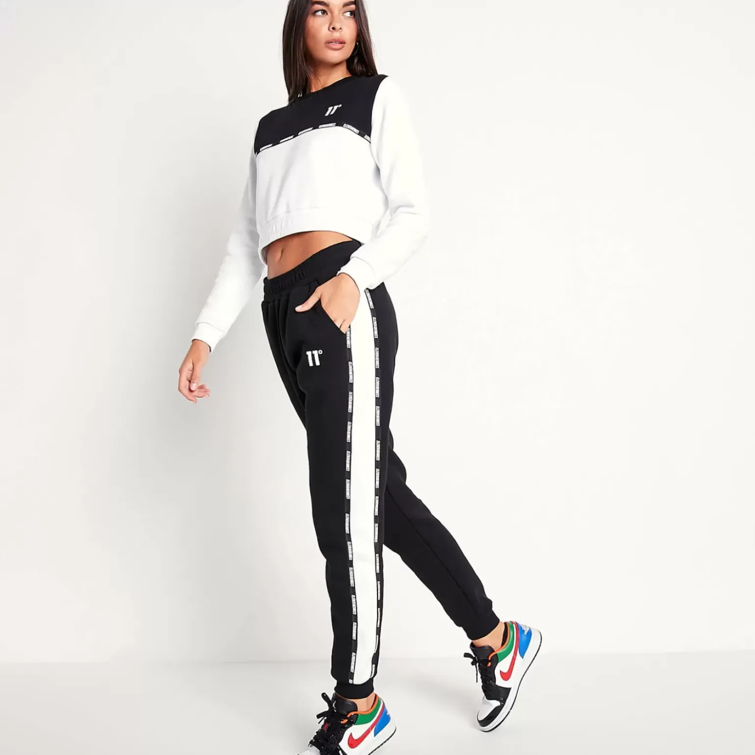 11 Degrees Womens Cropped Cut And Sew Sweatshirt – White / Black