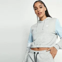 11 Degrees Womens Cropped Panel Pullover Hoodie – Grey Marl / Powder Blue /